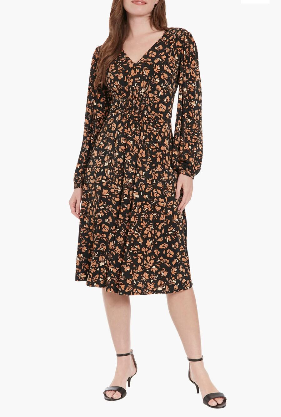 London Times Dress Womens Large Floral Black Brown Long Sleeve Smocked Midi NWT